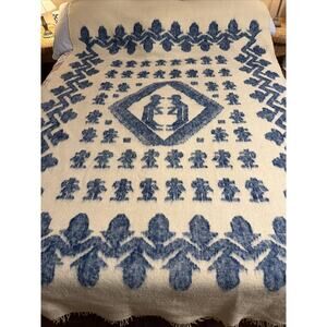 Vintage Blue & Ivory White Aztec Mayan Mexican Wool Blanket With Figures Unique